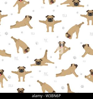 Yoga dogs poses and exercises. Pug seamless pattern. Vector illustration Stock Vector