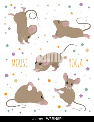 Mouse yoga poses and exercises. Cute cartoon clipart set. Vector illustration Stock Vector