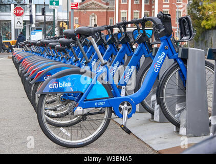 NEW YORK, USA - DECEMBER 14, 2018: Citi Bike rental bikes in New York city. Citi Bike is US largest bike share program with more than 12,000 bikes and Stock Photo