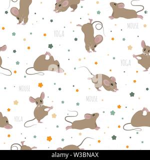 Mice seamless pattern. Mouse yoga poses and exercises. Cute cartoon ...