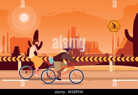 Couple Riding The Bicycle Desert Road Traffic Signal Landscape Vector Couple Riding The Bicycle Desert Road Traffic Signal Landscape Vector Illustration W3bphk