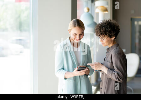 Two young female colleagues discussing video in smartphone in cafe Stock Photo