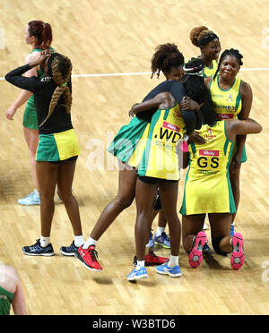 Zimbabwe's players celebrate their victory over Northern Ireland during the Netball World Cup match at the M&S Bank Arena, Liverpool. Stock Photo