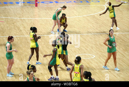 Zimbabwe's players celebrate their victory over Northern Ireland during the Netball World Cup match at the M&S Bank Arena, Liverpool. Stock Photo