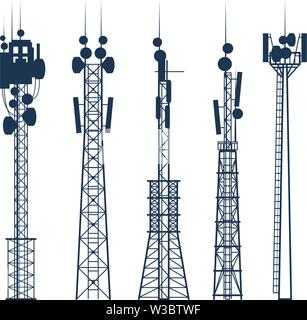 Transmission cellular towers, satellite communication antenna silhouette, of radio signal tower Stock Vector
