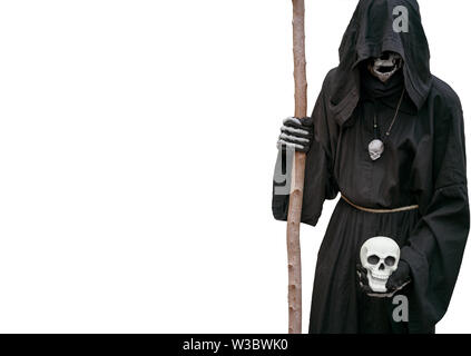 Grim reaper holds a skull in his hand, on a withe background. Stock Photo