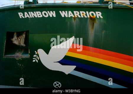 Greenpeace ship, The Rainbow Warrior docked in the port of Malaga, Andalucia, Costa del Sol, Spain, Europe Stock Photo