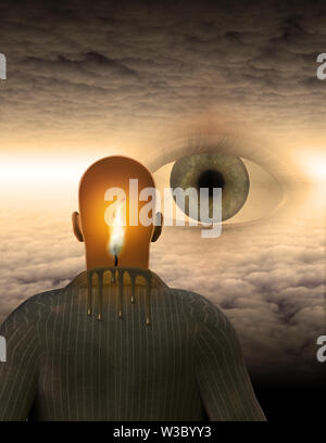 Man with burning mind in surreal cloud filled space Stock Photo