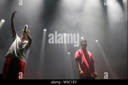 Ayax y Prok brothers rap singers perform live during their show in the Mallorca Live festival 2019 Stock Photo
