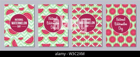 Set of flyers, posters, banners, placards, cards, brochure design templates A6 size. Watermelon Day. Slices of watermelon. Texture of the watermelons Stock Vector
