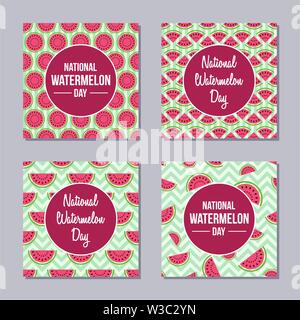 Set of four creative covers, seamless patterns. Watermelon Day. Applicable for Posters, Placards, Covers, Cards, Flyers and Banner Designs. Slices of Stock Vector