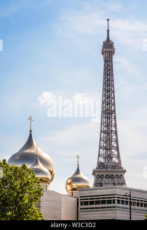 The Holy Trinity Cathedral is an Orthodox cathedral, topped by five golden onion domes, built in 2016 not far from the Eiffel tower in Paris, France. Stock Photo