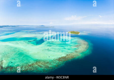 Aerial view Banyak Islands Sumatra tropical archipelago Indonesia, coral reef beach turquoise water. Travel destination, diving snorkeling, uncontamin Stock Photo