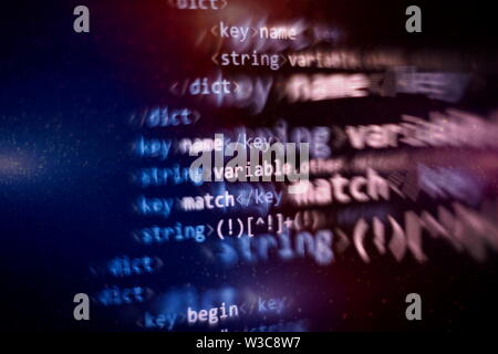 Website HTML Code on the Laptop Display Closeup Photo. Desktop PC monitor photo. Javascript functions, variables, objects. Stock Photo