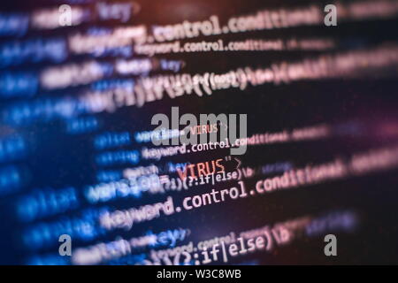 Website HTML Code on the Laptop Display Closeup Photo. Desktop PC monitor photo. Javascript functions, variables, objects. Stock Photo