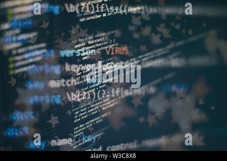 CSS, JavaScript and HTML usage. Monitor closeup of function source code ...
