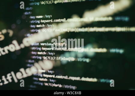 Website HTML Code on the Laptop Display Closeup Photo. Desktop PC monitor photo. Javascript functions, variables, objects. Stock Photo