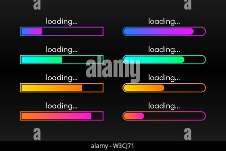 Loading bar set on dark backdrop. Progress visualization. Color gradient lines. Loading status collection. Web design elements on black background Stock Vector