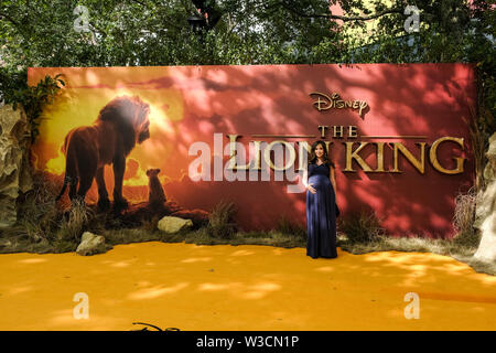 London, UK. 14th July 2019. Myleene Klass poses on the yellow carpet at the European premiere of Disneys 'The Lion King' on Sunday 14 July 2019 at ODEON LUXE Leicester Square, London. . Picture by Julie Edwards. Credit: Julie Edwards/Alamy Live News Stock Photo