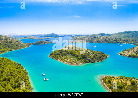 Beautiful blue sea, small islands archipelago in nature park Telascica on the island of Dugi Otok in Croatia, aerial seascape Stock Photo