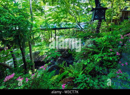 The main courtyard at Iwanoyu ryokan in Nagano, Japan Stock Photo