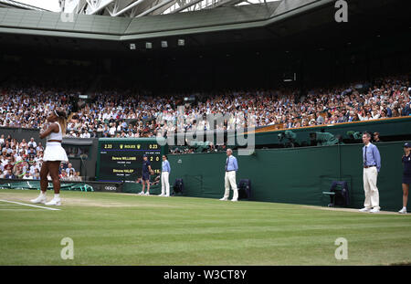 Wimbledon, London, UK. 13th July 2019. Kate Middleton (Duchess of Cambridge) and Meghan Markle (Duchess of Sussex), Pippa Middleton (in The Royal Box front row) watch the Ladies Singles Final between Serena Williams and Simona Halep at The Wimbledon Championships tennis, Wimbledon, London on July 13, 2019 Credit: Paul Marriott/Alamy Live News Stock Photo
