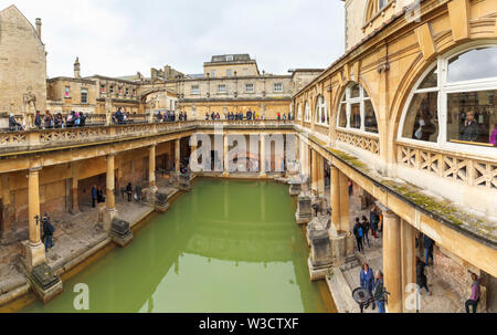 View from gallery of the baths at the Roman Baths museum, a major heritage tourist attraction in the City of Bath, Somerset, south-west England UK Stock Photo