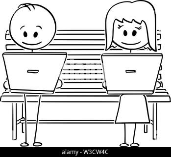 Vector cartoon stick figure drawing conceptual illustration of couple of man and woman using social media or working on computers while sitting on park bench. Stock Vector
