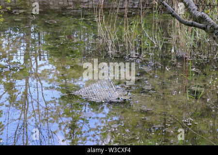 An abandoned metal supermarket  shopping trolley lying submerged under water in a lake with part of metal frame poking out of water. Stock Photo