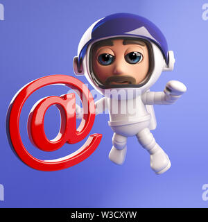 A rendered image of a 3d Spaceman astronaut floating in space with an email address symbol Stock Photo