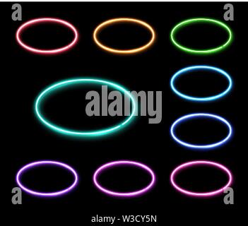 Colorful neon oval frames set. Electric circles. Stock Vector