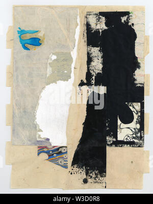 Wabi sabi zen artwork using mixed media collage with ink stains