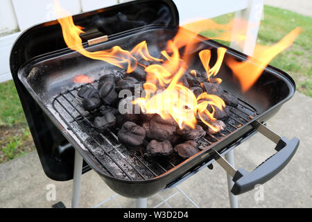 Charcoal briquettes firing up for the grill. Stock Photo