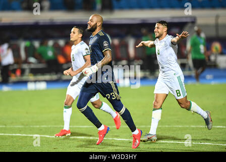 Cairo. 14th July, 2019. Players of Algeria celebrate the victory after the semifinal match between Algeria and Nigeria at the 2019 Africa Cup of Nations in Cairo, Egypt on July 14, 2019. Credit: Li Yan/Xinhua/Alamy Live News Stock Photo