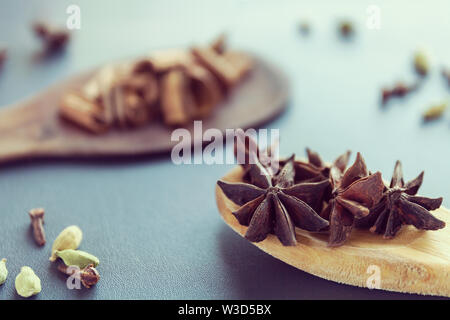 Dry Star anise clove cinnamon and cardamom on a brown wooden spatula. Natural food spices and seasonings. Tasty eating. Close-up. Stock Photo