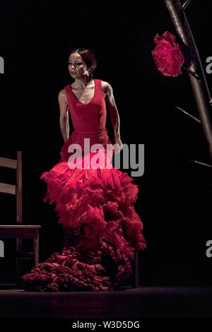 London, UK. 11th July 2019. Olga Pericet dances her performance ‘The Thorn That Dreamed of Being a Flower or The Flower That Dreamed of Being a Dancer’ during the 16th Flamenco Festival at Sadler's Wells theatre. Pericet, known for creating a world full of evocative imagery through a combination of theatre and dance, was the recipient of the Spanish National Dance Prize in 2018. Credit: Guy Corbishley/Alamy Live News Stock Photo