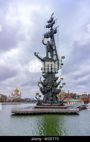 Moscow, Russia, 29 May, 2019: Monument to great Russian tsar Peter 1 with backround of dark cloudy sky Stock Photo