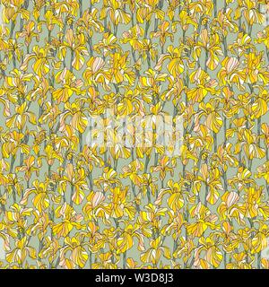 Iris flowers hand drawn vector seamless pattern. Nature yellow petals background in modern style. Floral elegant texture for surface design, textile, Stock Vector