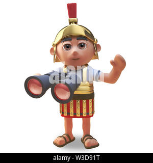 Friendly 3d cartoon Roman legionnaire soldier waves while using his binoculars, 3d illustration render Stock Photo