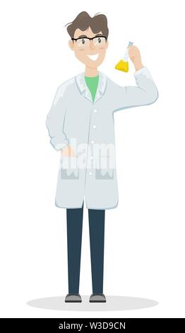 Male chemist in a white coat and glasses with a flask with a chemical substance in the hand. Scientist conducting an experiment. Flat vector cartoon i Stock Vector