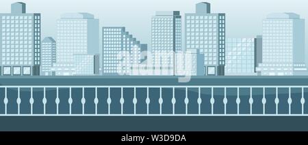 Promenade with views of the city skyscrapers. Urban landscape. Stone jungle. Flat vector cartoon illustration Stock Vector