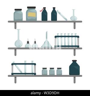 Scientific chemical laboratory. Wall shelves with scientific tools. Burner, test tube, flask, chemical reagents. Flat vector cartoon illustration Stock Vector