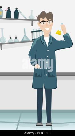 Male chemist with a flask with a chemical substance in the hand. Scientific laboratory. Medical equipment. Scientist conducting an experiment. Flat ve Stock Vector