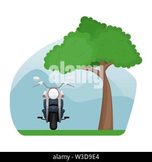 Motorcycle in a clearing near a sprawling tree. Isolated image. Flat vector cartoon illustration Stock Vector