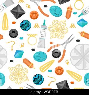 A seamless pattern with beads, tools to create jewelry, cabochons, rhinestones. Flat vector cartoon illustration Stock Vector