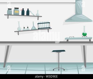 Scientific laboratory. Medical equipment. Scientist conducting an experiment. Burner, test tube, flask, chemical reagents. Flat vector cartoon illustr Stock Vector