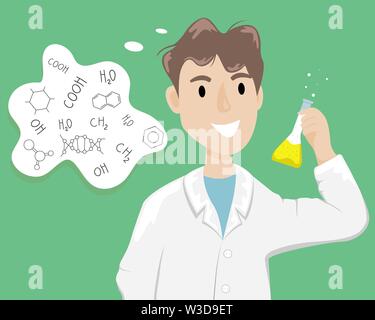 Male chemist in a white coat with a flask with a chemical substance in the hand. Scientist conducting an experiment. Flat vector cartoon illustration Stock Vector