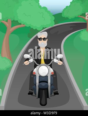 A man with gray hair and a beard on a motorcycle. A man in sunglasses and a leather jacket. Flat vector cartoon illustration Stock Vector
