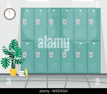 School corridor with lockers for books and clothes. Flat vector isolated illustration. Stock Vector