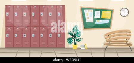 School corridor with lockers for books and clothes. Blackboard for school announcements. Flat vector isolated illustration. Stock Vector